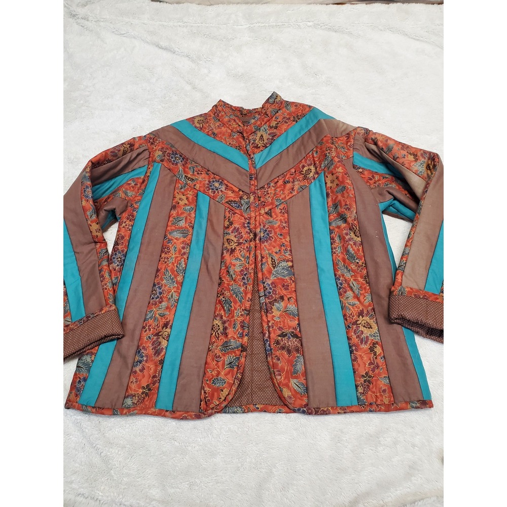 Handmade Brown Floral Retro Quilted Patchwork House Coat Cardigan Medium Casual
